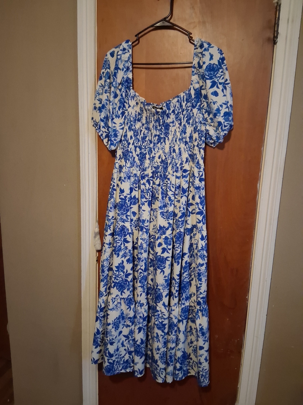 SHEIN Blue and White Floral Smocked Midi Dress